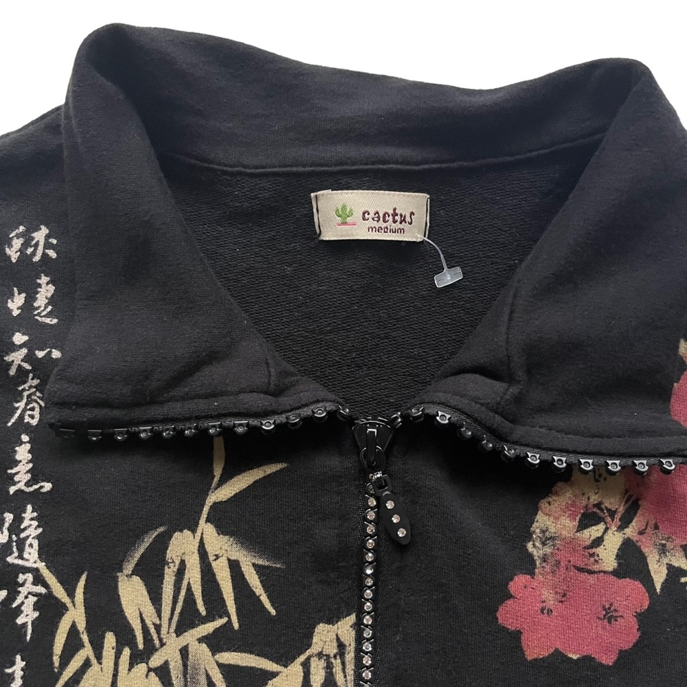 Y2K Cactus Black Bling Floral Bamboo Butterfly Print Lightweight Zip Up Jacket - Picture 9 of 10